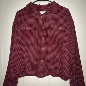 Cropped Red Plaid Button-Up Shirt